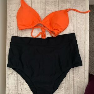 SHEIN bikini set, orange string top and black bottoms, size M